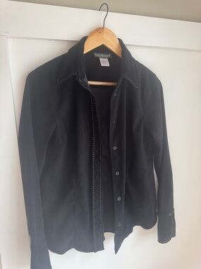 Black Suede Button-Down Jacket with Contrast Stitching